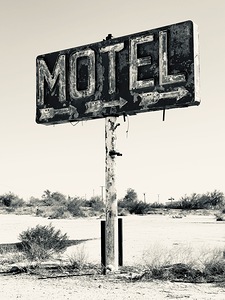 Whiting Bros Motel sign Yucca Arizona Route 66 B&W