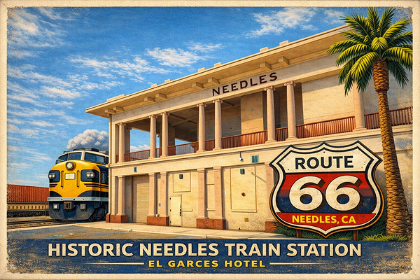 El Garces hotel & train station Needles CA.  Print
