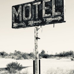 Whiting Bros Motel sign Yucca Arizona Route 66 B&W