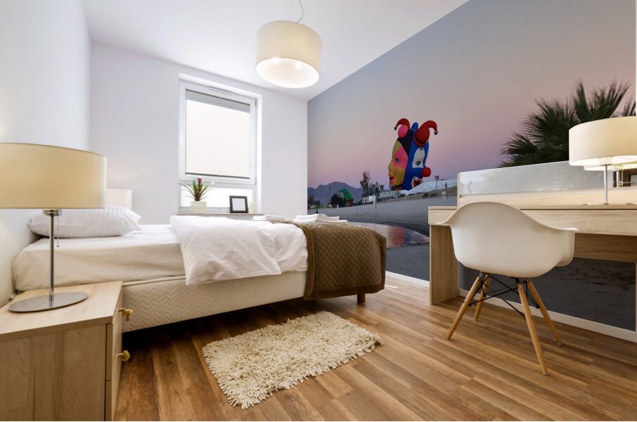 Balloons on the beach at sunrise Mural print