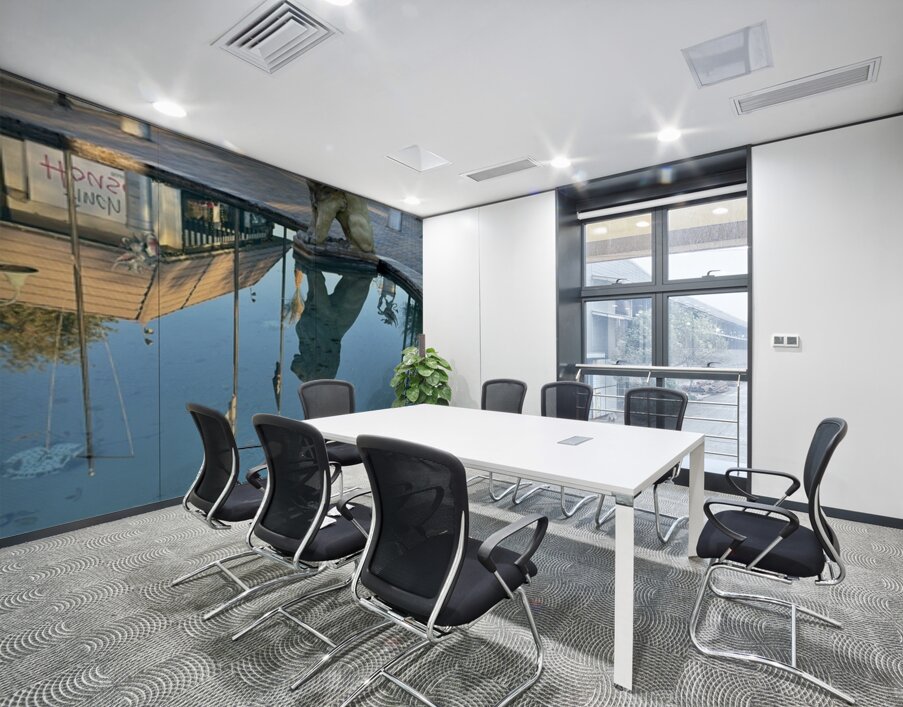 Reflection at the gate to English-2 Wall Printing